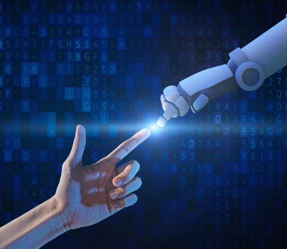 Human hand and robot hand with binary number code and light on blue screen background, artificial intelligence, AI, in futuristic digital technology concept, 3d illustration